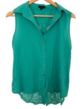 Edge Teal Lace Back Blouse Sleeveless Button Front Sheer Hi Low Top Large